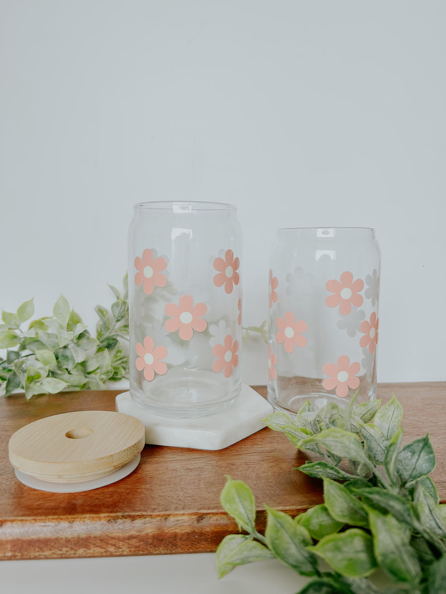 Coral Retro Flowers Glass Can 16 oz