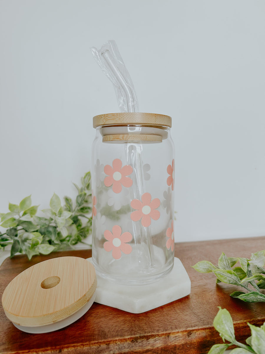 Coral Retro Flowers Glass Can 16 oz