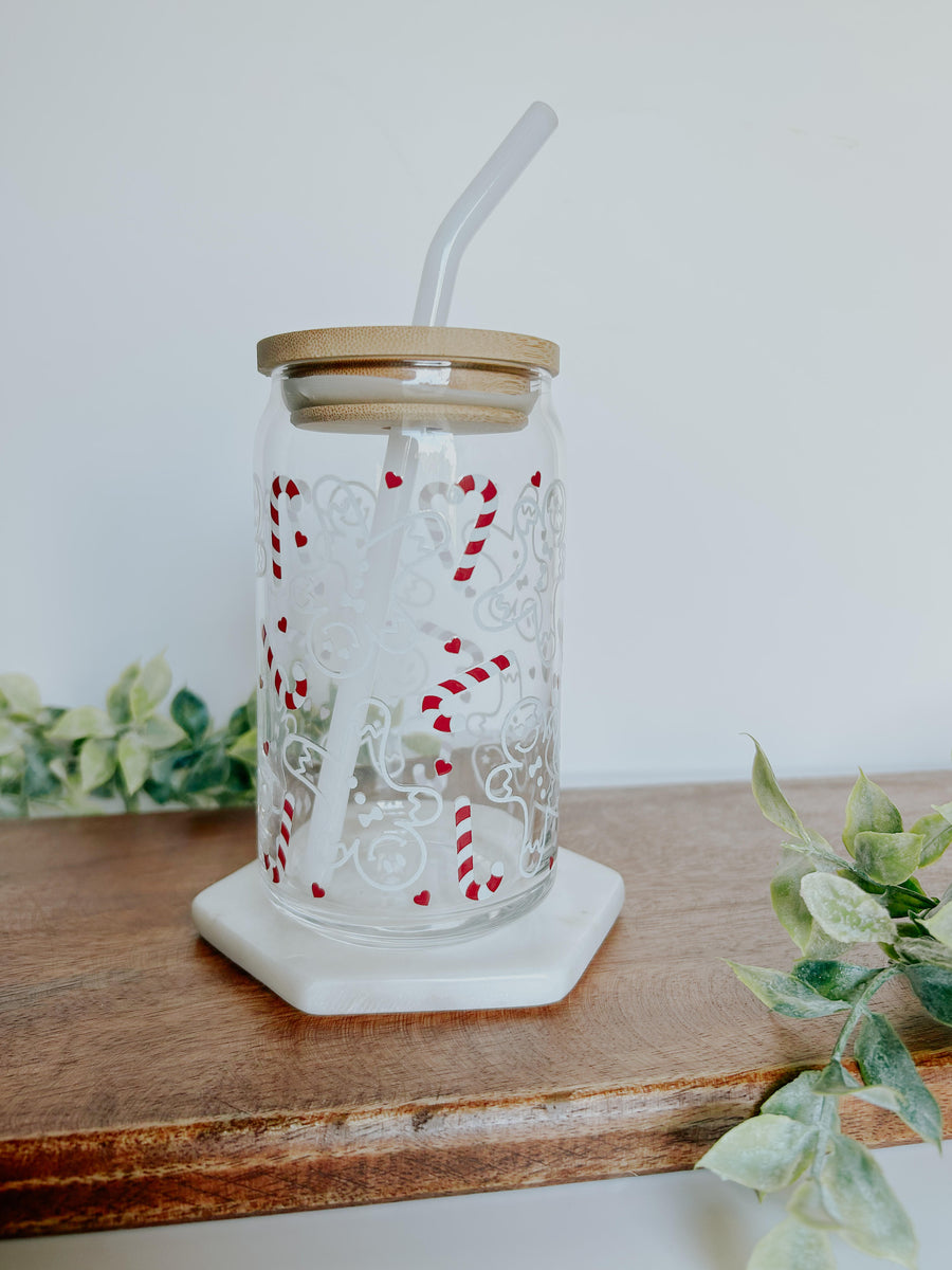 Gingerbread Men & Candy Canes Glass Can 16 oz