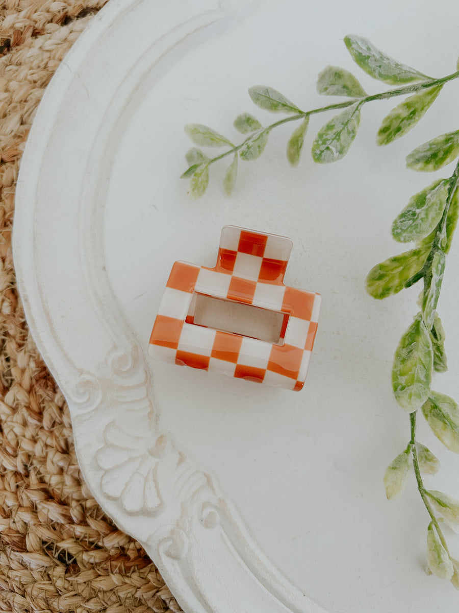 Orange and White Checkered Mini Claw Clip