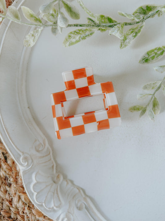 Orange and White Checkered Mini Claw Clip