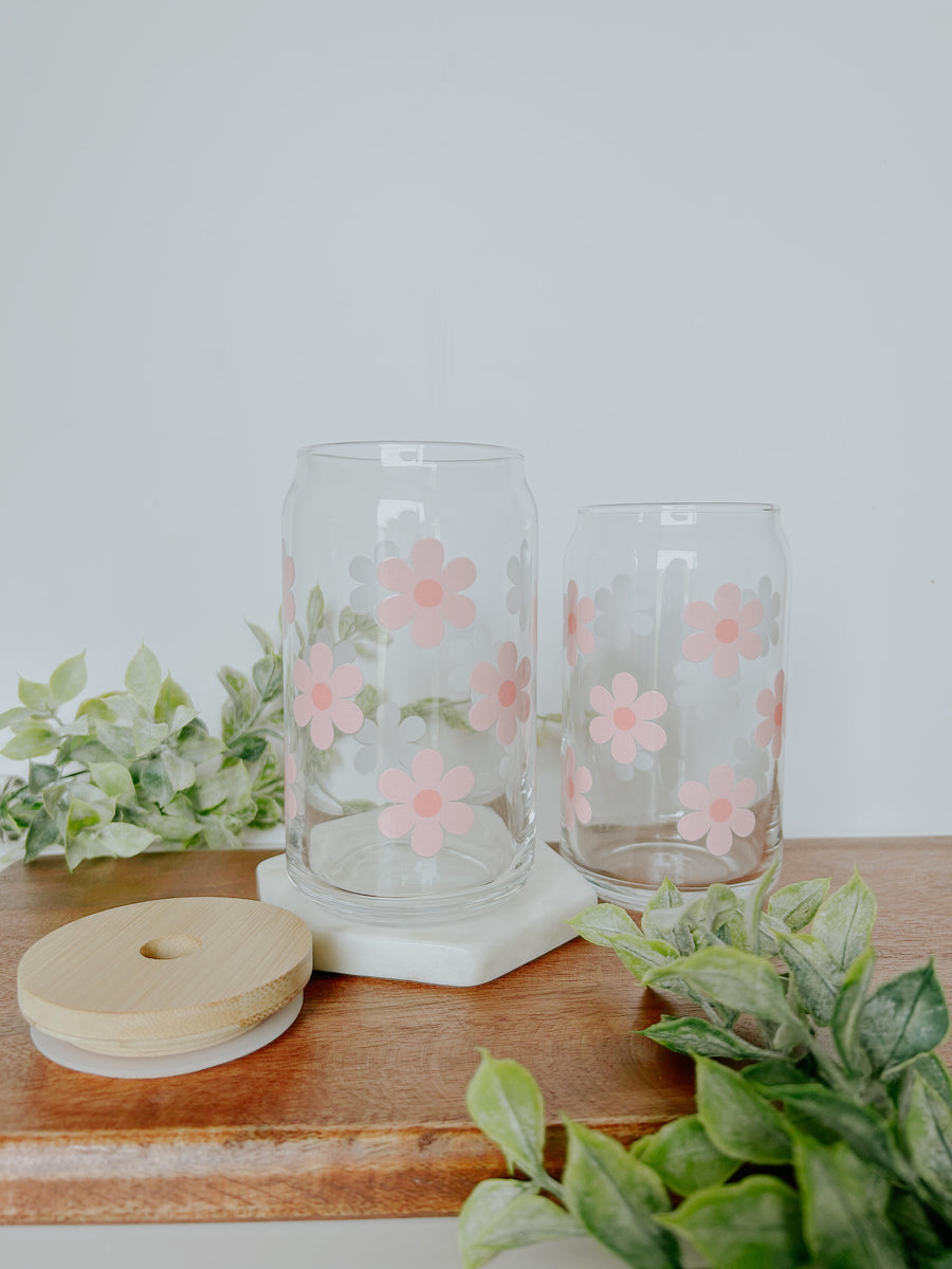 Pink Retro Flowers Glass Can 16 oz