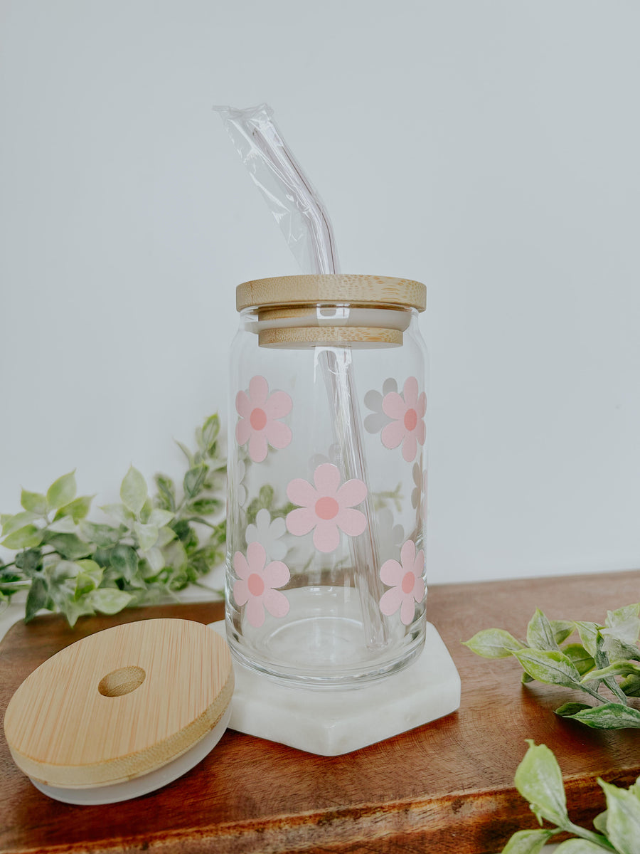 Pink Retro Flowers Glass Can 16 oz