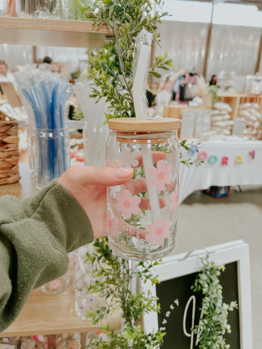 Pink Retro Flowers Glass Can 16 oz