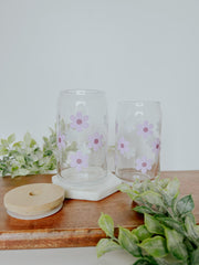 Purple Retro Flowers Glass Can 16 oz