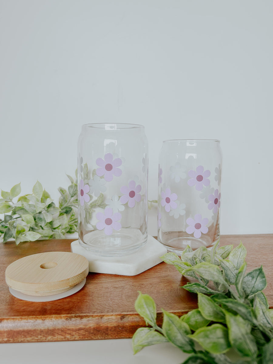 Purple Retro Flowers Glass Can 16 oz