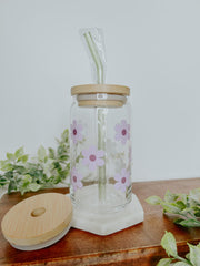 Purple Retro Flowers Glass Can 16 oz